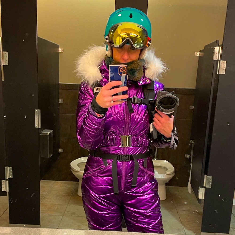 Purple snowsuit onesie with hood
